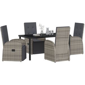vidaXL - 5-Delig - Tuin - Eetset - met - Kussens - Grijs - Poly - Rattan