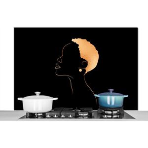 Spatscherm keuken 120x80 cm - Kookplaat achterwand Vrouw - Line art - Black - Gold - Muurbeschermer - Spatwand fornuis - Hoogwaardig aluminium