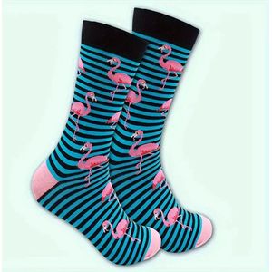 Gestreepte Flamingo Sokken | Grappige Sokken | | One Size (35-38) | Blauw | Grappig | Cadeau Tip | Kadotip | Kinder Sokken