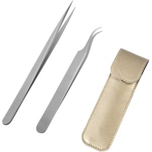 Pincet voor wimperverlenging met rechte en gebogen puntige uiteinden - set van 2 stuks professionele roestvrijstalen precisiepincetten