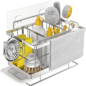Sponshouder voor keukenspoelbak, sponshouder van roestvrij staal voor keukenspoelbak, sponshouder, spoelbak, met afvoerschaal voor het opbergen van de toonbank in de badkamer, zilver
