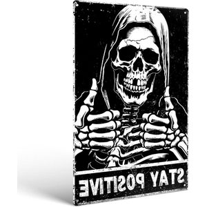 Allecto Plus - Spookachtige Halloween Schedelbord voor Muurdecoratie - Blijf Positief - Metaal - Decor voor Slaapkamer en Woonkamer - Geschenken Voor Schedelliefhebbers