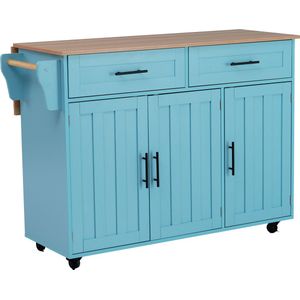 Merax Aanrecht Kast - Inklapbaar Keukenkast met Wielen - Meubel met Lades en Opbergruimte voor Keuken - Bruin Tafelblad met Blauw
