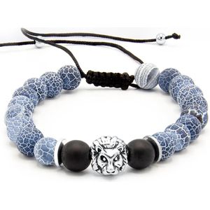 Victorious Natuurstenen Kralen Armband Heren – Zilveren Leeuw – Blauw – 19cm
