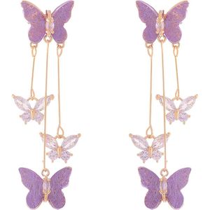 S925 zilveren vlinder kwastjes oorbellen met roze doos - paars L