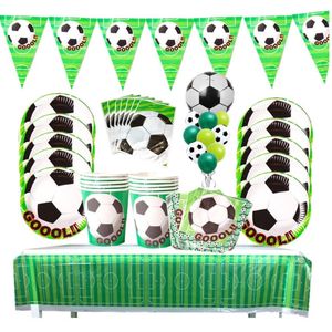62 delige voetbal feest decoratie set - Uitdeel - Traktatie - Football - Verjaardag - Feestje - Servetten - Bekers - Bordjes - Slinger - Vlaggetjes - Tafelzeil - Uitdeelzakjes - Goal