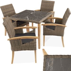 tectake® Wicker meubelset - 4 stoelen en 1 tafel - Moderne en weerbestendige stoelen (Draagkracht 150 kg) met eettafel in marmerlook ((LxBxH) 93,5 x 93,5 x 75 cm) - Eetkamer lounge - Tuinmeubelen voor balkon, terras en buitenkeuken - Lichtbruin