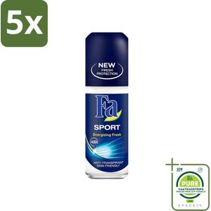 5 x Fa - Sport - Deodorant Roller - Energizing Fresh - 50 ml - Grootverpakking - Deodorant - Antitranspirant - Sport Deodorant - Langdurige Frisheid - 24 Uur Bescherming