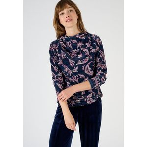 Damart - Gedrapeerd T-shirt met opstaande kraag, velours met print - Dames - Blauw - XXL