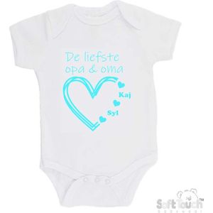 100% katoenen Romper "De liefste opa & oma met de namen van 2 kleinkinderen" Unisex Katoen Wit/aquablauw Maat 56/62