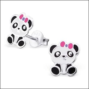 Aramat jewels ® - Kinder oorbellen panda met strik 925 zilver multikleur 7mm x 9mm