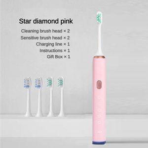 Oplaadbare Sonic elektrische tandenborstel voor volwassenen, mannen en vrouwen met zachte, medium borstelharen - roze, 4 koppen