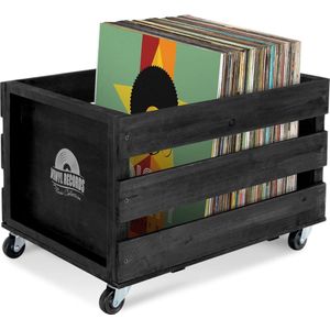 BK grammofoonplaatkist ""Emil"" - opbergdoos voor maximaal 100 LP's - van massief hout in retro design - 4 stuurbare wielen - ook voor vele andere tot 25 kg bruikbaar - zwart