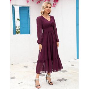 Dames lange avondjurk elegante cocktailjurk tuniek casual jurk V-hals dunne lange mouwen Wijnrood S