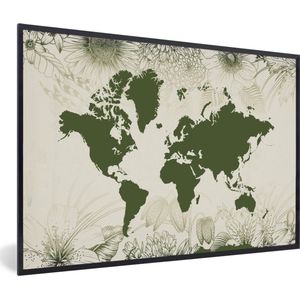 Fotolijst incl. Poster - Wereldkaart - Bloemen - Groen - 60x40 cm - Posterlijst