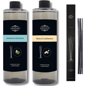 Navulling Jasmine patchouli + rose cashmere + geurstokjes - Geurstokjes Navulling Set van 2 + 5 Geurstokjes - Geurverspreider - Luchtverfrisser - Huisparfum - 400ml x 2