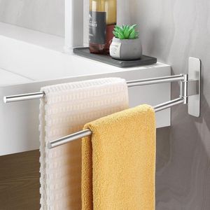 Dubbele draaibare handdoekhouder zonder boren - Zelfklevende badhanddoekhouder voor badkamer en keuken - Zilver 40 cm