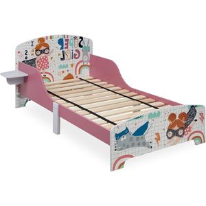 Peuterbed 60 x 94 x 143 cm met nachttafeltje - Uitvalbeveiliging - Lattenbodem - Kleurrijk - Kinderbed Kinderbed