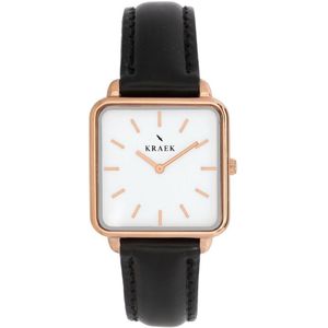 KRAEK Sheilah Rosé Goud Wit 28 mm | Dames Horloge | Zwart leren horlogebandje | Vierkant | Minimaal Design