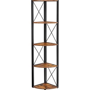 FURNIBELLA - Boekenkast met 5 niveaus, hoekplank, staande plank, opbergplank, voor woonkamer, badkamer, keuken, hal, eenvoudige montage, vintage bruin-zwart LLS805B01
