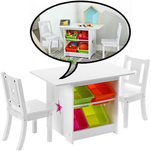 Decopatent® Kindertafel met stoeltjes van hout - 1 kindertafel en 2 stoelen voor kinderen - Zitgroep met veel opbergruimte (Set)