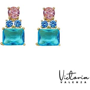 Victoria Valenza Cologne Luxe Oorbellen Dames Messing Oorhangers Dames Oorringen Blauwe Steen Oorbellen - Goud kleurig - 1 Paar