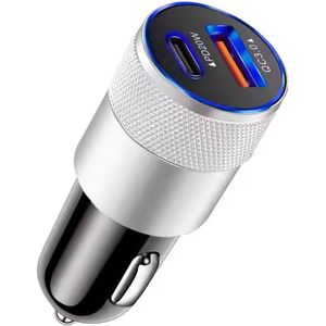 Autolader USB C – Auto Oplader met 2 USB-C Poorten – Snelladen & Universeel – Sigarettenaansteker Splitter Adapter – Zilver