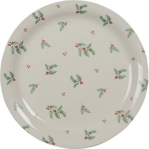 Clayre & Eef Ontbijtbord Ø 20 cm Beige Groen Keramiek Rond Hulstbladeren Bord