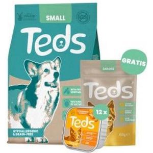 2,5kg + 12x150 gr + 100 gr Teds hondenvoer droog, natvoer & snacks small breed & pompoen