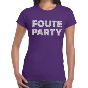 Toppers Foute Party zilveren glitter tekst t-shirt paars dames - foute party kleding XL