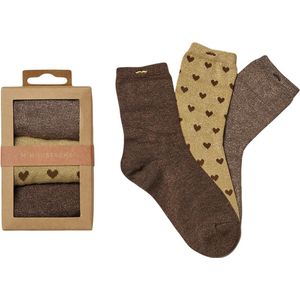 M. Moustache dames giftbox 3P sokken glitter hearts bruin - 36-41