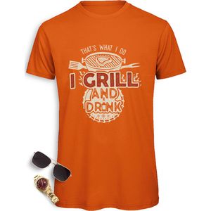 Heren t Shirt met BBQ opdruk - Mannen tShirt grappig Grill and Drink print - Maten: S M L XL XXL XXXL - Shirt kleuren: zwart, rood, urban oranje en royal blauw.