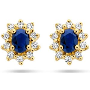 Geelgouden Oorknoppen - Saffier en Zirkonia - Halo - Oorstekers