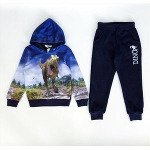 Kinder Joggingpak Blauw met Hoodie – Stoere Dino Print – Jongens & Meisjes Trainingspak – Broek & Sweater Set – Maat 92 – 65% Katoen