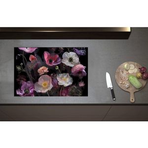 Inductieplaat Beschermer - Boeket van Stilleven in Witte en Roze Kleuren - 75x50 cm - 2 mm Dik - Inductie Beschermer - Bescherming Inductiekookplaat - Kookplaat Beschermer van Zwart Vinyl