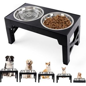 Verhoogde hondenbakken - In hoogte verstelbaar - 5 hoogtes - Met 2 roestvrijstalen voerbakken - Voor grote, middelgrote en kleine katten en honden - Zwart dog bowl stand