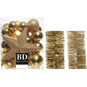 Kerstversiering kunststof kerstballen 5-6-8 cm met ster piek en folieslingers pakket goud van 35x stuks - Kerstboomversiering