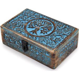 Handgemaakte Blauwe Mangohout Sieradendoos - Met Handgesneden Levensboom Gravure - Decoratieve Opbergdoos Voor Dames & Heren