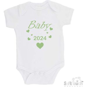 100% Katoenen Romper ""Baby 2024"" Unisex Katoen Wit/sage green (saliegroen) Maat 68/74