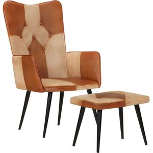 The Living Store Gestoffeerde Armstoel Bruin - Fauteuil en Voetenbank - 55x43x97cm - Echt Leer