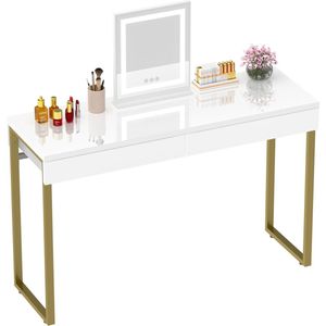 Make-uptafel met 2 laden, glanzend wit, 100 x 40 cm, moderne bureaucomputer, kaptafel, console, tafel, metaal, gouden poten, kleine ruimtes, make-uptafel, slaapkamer, meubels, geen