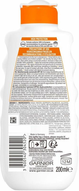 Garnier Ambre Solaire Hydra 24 Zonnebrandmelk SPF 30 - 3 x 200 ml - Voordeelverpakking