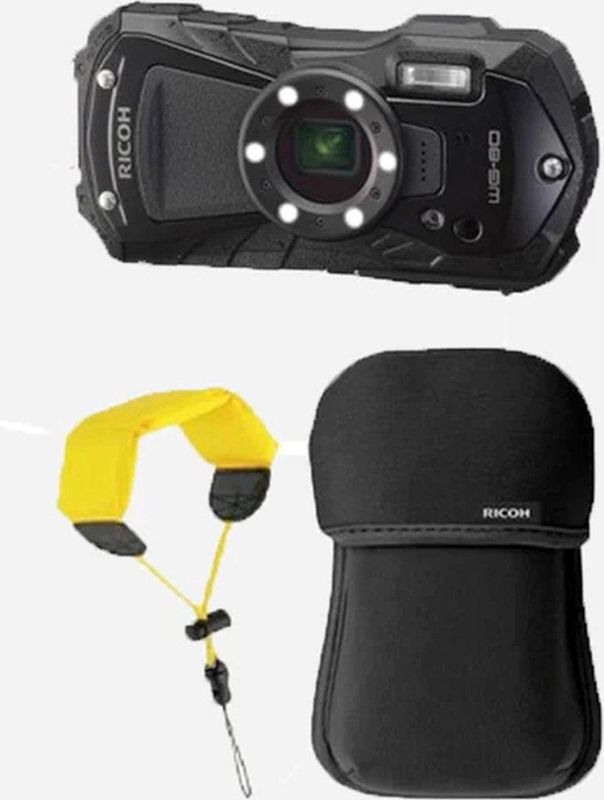Ricoh WG-80 Compactcamera - Zwart KIT met Drijfriem en Neoprene hoes
