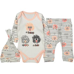 3 delige set - 68/74 oranje Baby rompertje met lange mouwen ""Funny"" - broekje - muts - maat 62 68 74 rozeoranje - baby kleding