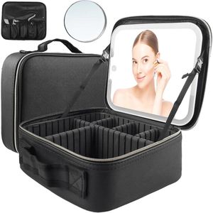 Make-uptas met spiegel en LED-licht - Draagbare reistas met verstelbare scheidingswanden, zwart