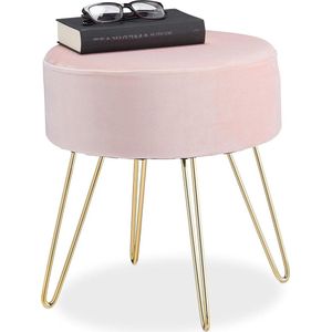 Ronde velvet poef met elegante hocker - Goudekleurige poten - Modern fluwelen kruk - HxD 40 x 40 cm - Roze Kruk