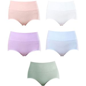 Taille Damesonderbroeken - Volledige Bedekking en Buikcontrole - Zacht Katoen -Roze+wit+groen+licht+blauw - Maat L - 5 stuks