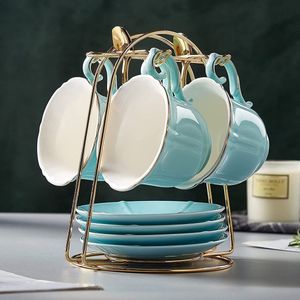 Theekopjes en schoteltjes set van 4 (235 ml), snoepkleur met gouden trim, bloemblaadjesrand koffiekopjes met metalen standaard, eenvoudige stijl porseleinen thee-partyset - groen