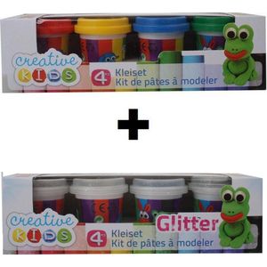 Creative Kids - Set van  Basis kleuren Klei - 4 x 55 Gram + Set van Glitter Klei - 4 x 55 Gram