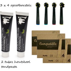 Houtskool Tandpasta Pakket voor Oral B | 12 Duurzame Opzetborstels | 2 Tubes Houtskool Tandpasta